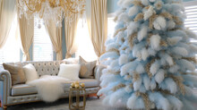 Elegant Christmas Decorations With Ostrich Feathers And Christmas Tree. Pastel Blue And Gold Festive Background.