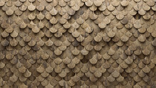 Fish Scale Tiles Arranged To Create A Natural Stone Wall. 3D, Textured Background Formed From Polished Blocks. 3D Render