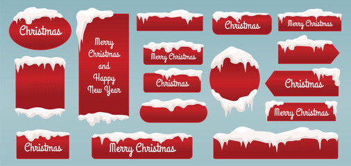 Wall Mural - Christmas snow buttons, xmas and new year red banners with snowy caps and icicles. Decorative winter frozen elements, sale web tags snugly vector set
