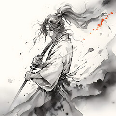 Wall Mural - Chinese sword man in ink wash style in Spirited