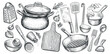 Set of kitchen utensils for cooking. Food concept. Sketch vintage vector illustration for restaurant or diner menu