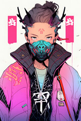 Wall Mural - Anime Samurai punk Hyakkiyakou synth-wave modern style clothes streetwear illustration colorful wallpaper