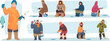 Winter fishing. Winter hobby fishermen sitting and fishing in cold water exact vector cartoon template