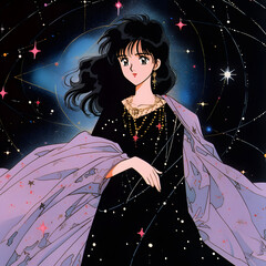 Wall Mural - Goddess of magic black robe dress magic circle retro 80s anime illustration woman in a black dress wallpaper