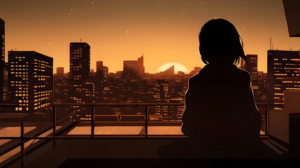 Wall Mural - illustration of a person looking at the horizon visualize the urban scenery on the rooftop of a building wallpaper background