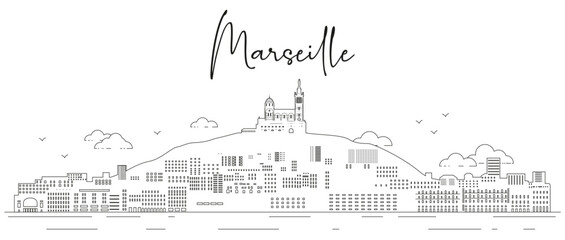 Poster - Marseille skyline line art vector illustration