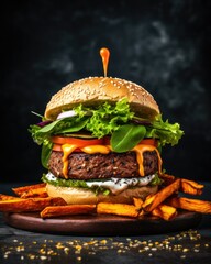 Wall Mural - a delicious vegan burger with a side of sweet potato fries, generative ai