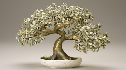 Sticker -  a bonsai tree with white flowers in a white bowl.  generative ai