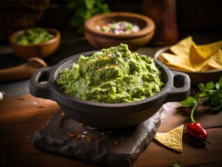 Wall Mural - a homemade guacamole in a traditional molcajete with tortilla chips, generative ai
