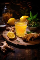 Wall Mural - lemon water with ginger and turmeric shot in a rustic atmosphere, generative ai