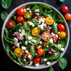 Wall Mural - overhead shot of a colorful salad with spinach, generative ai