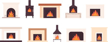 Cartoon Fireplace. Iron Chimney And Bricks Furnace. Various Traditional Relaxing Home Place With Fires. Interior Stoves, Vintage Cozy Racy Vector Elements
