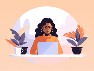 Young black woman sitting in office and working with laptop