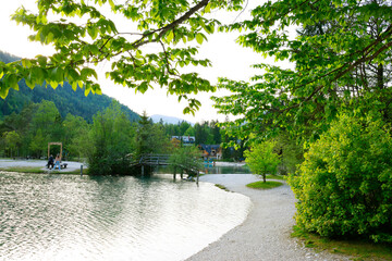 Poster - Summer evening landscape on Jasna lake. Nature scenery in Triglav national park. Location: Triglav national park. Kranjska Gora, Slovenia, Europe.