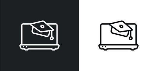 Wall Mural - laptop with a graduation cap outline icon in white and black colors. laptop with a graduation cap fl