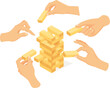 Hands playing tower balance. Jenga game concept, hand stacking wooden brick or wood block of toy towers building construction on table, puzzle risk games neat vector illustration