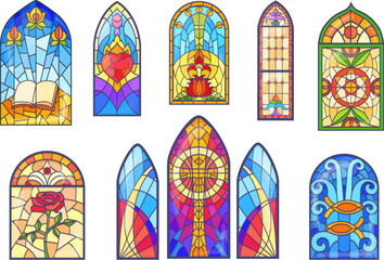 Church stained glass. Stain glasses window of gothic temple or europe cathedral, arc mosaic painted windows with cross roses heart