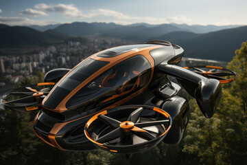 Wall Mural - An electric air taxi eVTOL soaring high above a cityscape, illustrating the future concept of urban air mobility and innovative transportation solutions. Generative Ai.