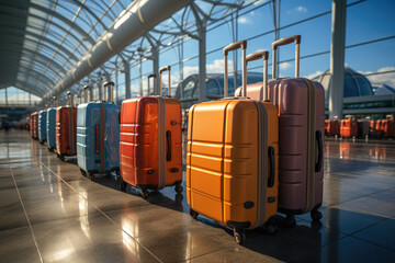 Canvas Print - Suitcases lined up at an airport, set against the backdrop of an airplane. Conveys the concept of travel and the anticipation of embarking on a journey. Generative Ai.