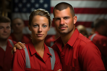 Wall Mural - Fiction group portraits of working man and woman , different generations and occupations in their uniforms posing for labor day calendar, AI Generated images and persons. 