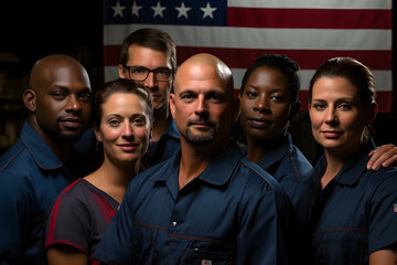 Wall Mural - Fiction group portraits of working man and woman , different generations and occupations in their uniforms posing for labor day calendar, AI Generated images and persons. 