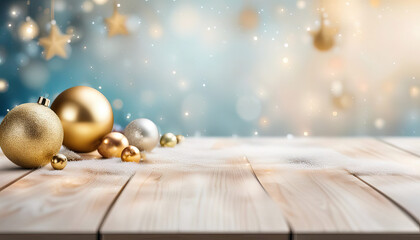 Wall Mural - Wood table with golden christmas ornaments and small blurred stars in the background. beautiful christmas card with copy space.
