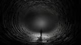 Fototapeta Perspektywa 3d - The Silhouette of a Person in a Massive Surreal Tunnel Generative AI