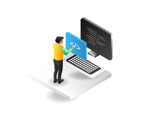 Isometric concept illustration of a developer programming
