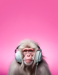 Canvas Print - Monkey listening to music on large headphones, enjoying music, empty copy space above. Generative AI 