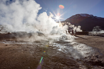 Exploring the fascinating geothermic fields of El Tatio with its steaming geysers and hot pools high up in the Atacama desert in Chile, South America