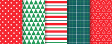 Christmas Seamless Background. Holiday Patterns. Endless Texture With Star, Stripes, Trees, Triangles, Check. Festive Print For Wrapping Paper. Red Green Design. Vector Illustration