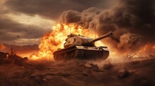 Armoured Tank Crosses A Mine Field During War Invasion Epic Scene Of Fire And Some In The Desert. Generative AI