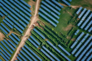 Wall Mural - solar panels plant, aerial view - rows of photovoltaic cell collectors on a landscape. green energy 