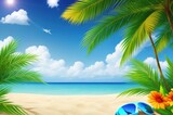 Fototapeta  - Summer background with palm tree and sun glasses on the beach. AI generated illustration
