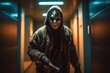 A masked killer with a menacing expression, wielding a sharp weapon, standing in a dimly lit corridor, amplifying the suspense and fear for a horror-themed event. Generative Ai