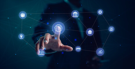 Poster - Global business Online marketing network concept. Businessman is connecting to business network on the internet. Plan real estate investments, analyze the market with AI, analyze customer needs.