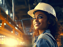 African-American Female Wearing A Hard Hat At A Construction Site.