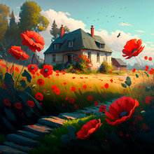 An Attractive Old House In The Middle Of A Wheat Field With Red Poppies On A Yellow And Blue Background.