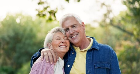 Canvas Print - Kiss, face and senior couple in nature, having fun and bonding together. Portrait, romance and happy elderly man and woman with funny laugh, smile and enjoy quality time outdoor on vacation for love.