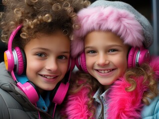 Canvas Print - Two little girls wearing pink headphones and smiling. Generative AI image.