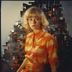 Poster - A woman in an orange and white shirt posing for a picture. Generative AI image.