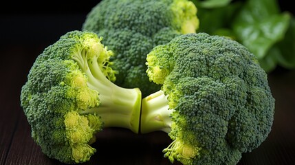 Wall Mural - Two pieces of broccoli sitting on a table. Generative AI image.