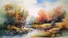 Watercolor Paining Of Fall Forest Path, Rural Road With Trees Changing Colors, Art Concept., AI