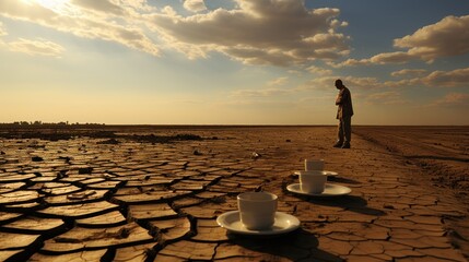 A man standing in the desert with two cups of coffee. Generative AI image.