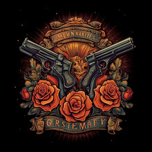 Flower With Vintage Pistol T-shirt Design AI Generated