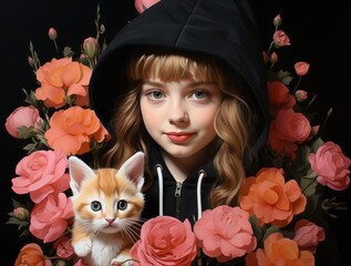 Wall Mural - A little girl holding a kitten in front of a bunch of flowers. Generative AI image.