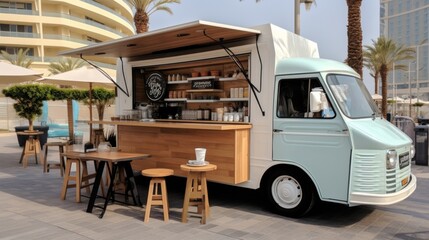 A food truck parked on the side of the road. Generative AI image.