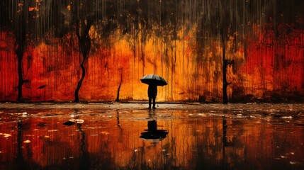 Wall Mural - A person standing in the rain with an umbrella. Generative AI image.