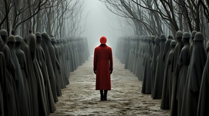 Poster - A person in a red coat standing in front of a line of statues. Generative AI image.