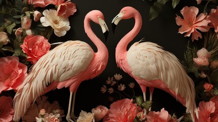 Two pink flamingos standing next to each other. Generative AI image.